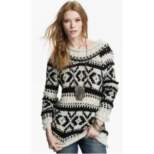FREE PEOPLE Silver Reed Fair Isle Black White Crochet Wool Boho Sweater Sz XS